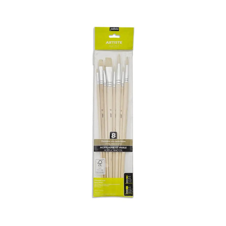 Pebeo Poch 8 Pinceaux Manches Langs Assortis Soie Beau Blanc Rond N°4/ N°6 /N°10 / N°14 Plat N°2 / N°6 / N°10 / N°14