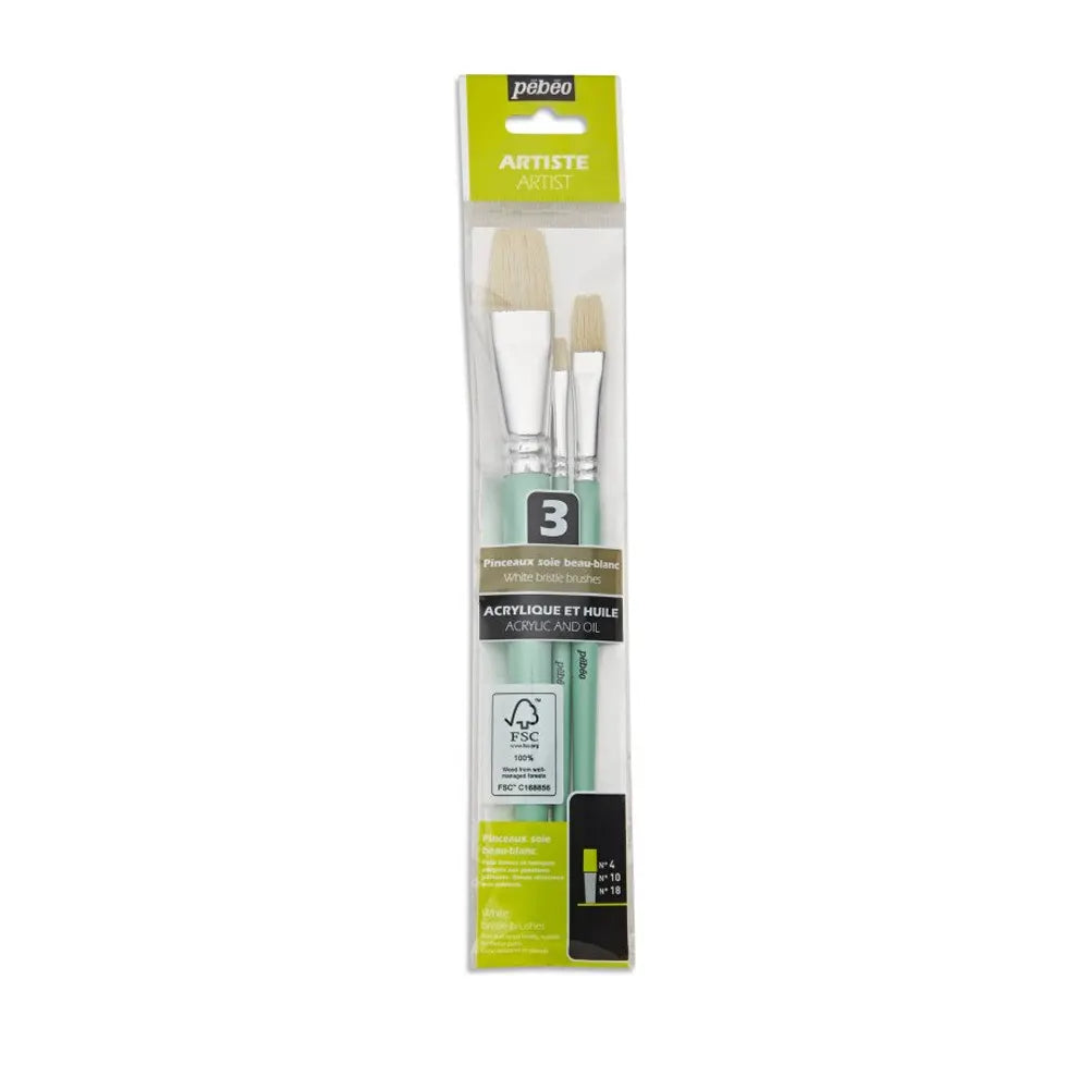 Pebeo Pochettes 3 Pinceaux Manches Courts Assortis Soies Beau Blanc Plat N°4 / N°10 / N° 18