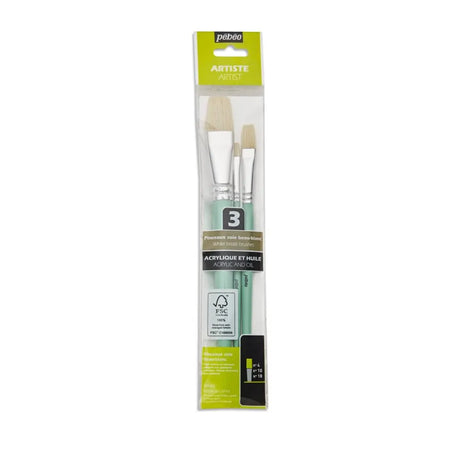 Pebeo Pochettes 3 Pinceaux Manches Courts Assortis Soies Beau Blanc Plat N°4 / N°10 / N° 18