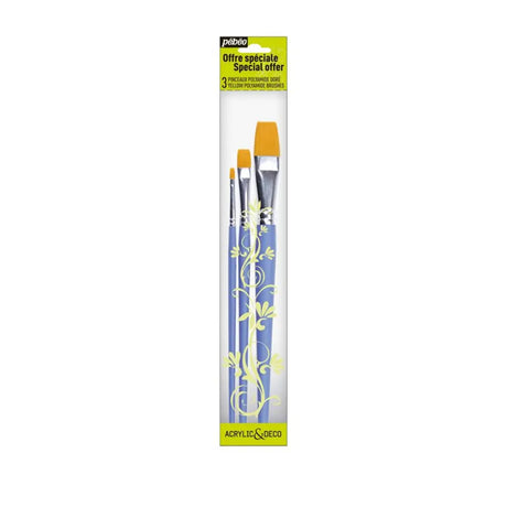 Pebeo Pochette 3 Pinceaux Manches Courts Assortis Polyamide Doré Plat N°4 / N°10 / N°18