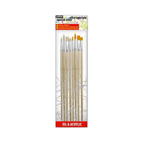 Pebeo Pochettes 8 Pinceaux Manches Longs Assortis 4 Soies Beau Blan +4 Polyamide Doré
