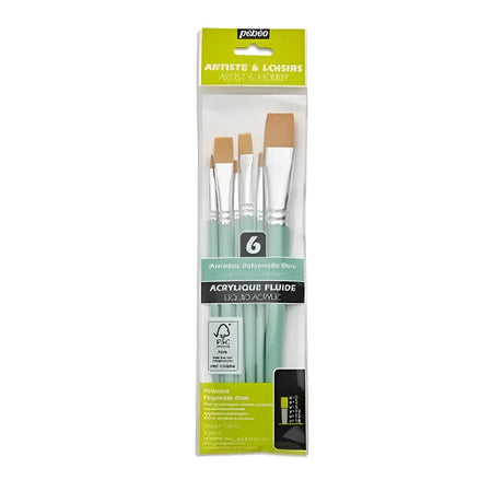 Pebeo Pochette 6 Pinceaux Manches Courts Assortis Polyamide Doré Plat N°0 / N°2 / N°4 /N°10 /N°12 / N°18