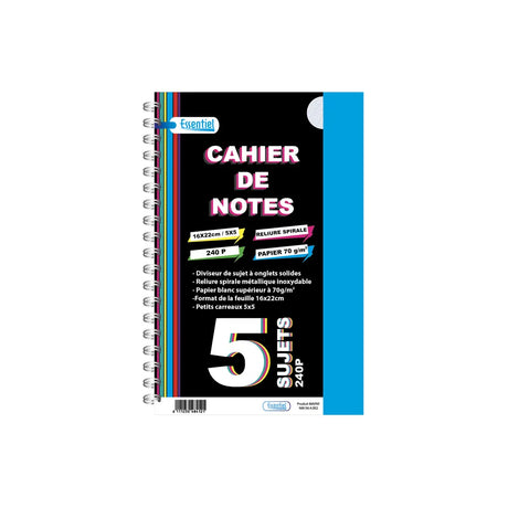 Essentiel Cahier Spiralé 5 Sujets 240 Pages 70g A4