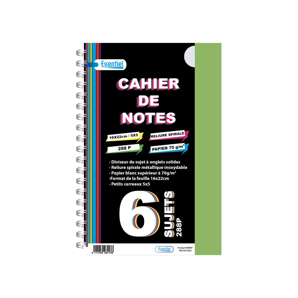 Essentiel Cahier Spiralé 6 Sujets 288 Pages 70g A4