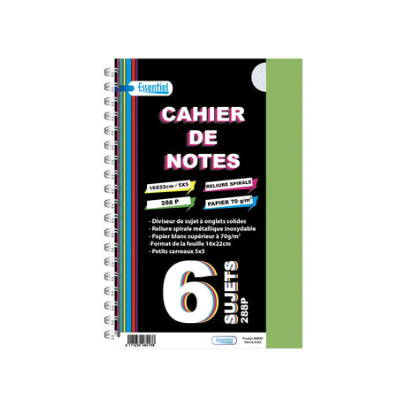 Essentiel Cahier Spiralé 6 Sujets 288 Pages 70g A4